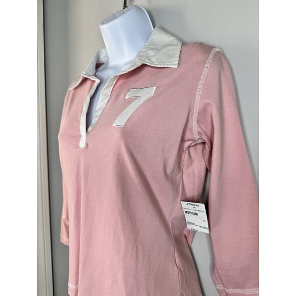 Vintage Arizona Jean Co Womens Y2K Rugby Polo Shirt Top Pink Preppy Old Money - Picture 2 of 12